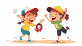 Smiling preschool girl  boy kids playing with baseball