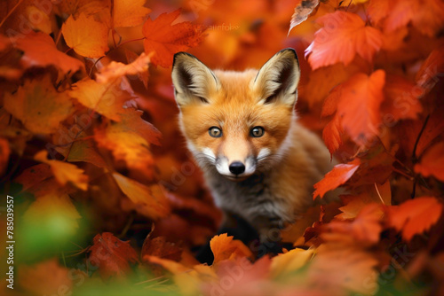 An inquisitive baby fox peeking out from behind a patch of vibrant autumn leaves, its fur a mix of reds and oranges blending seamlessly with the foliage.