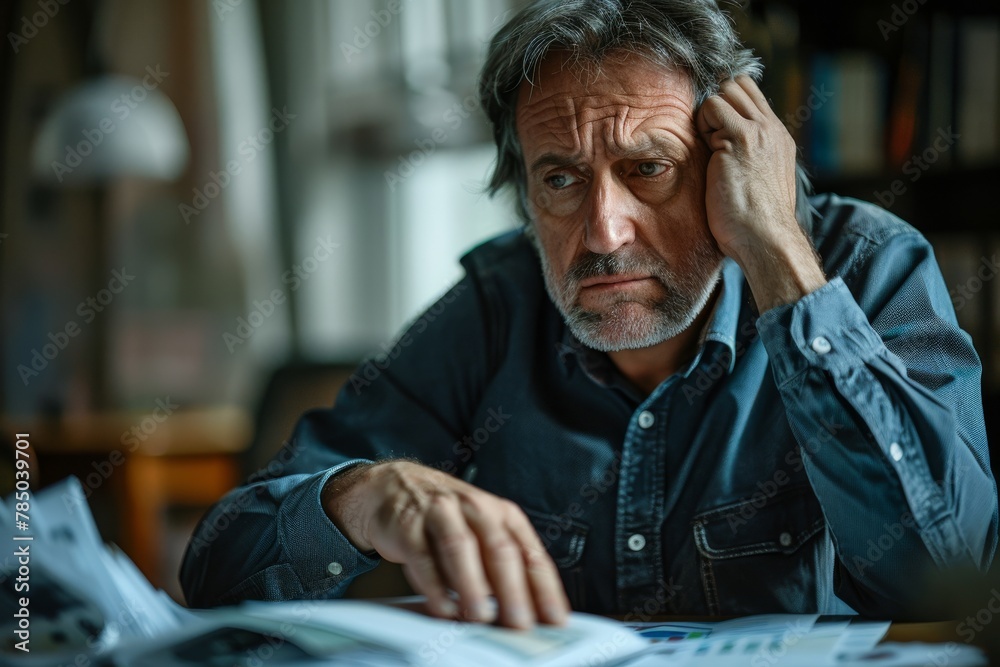 Close-up of a despairing adult facing financial documents Close-up of a despairing adult facing financial documents