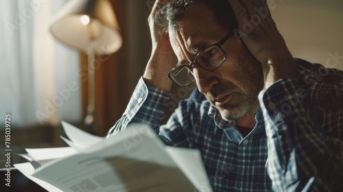 Close-up of a despairing adult facing financial documents photo