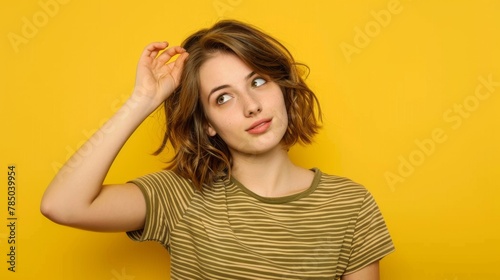 Woman Thinking on Yellow Background
