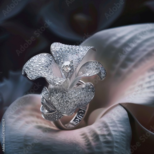Ring with precision cut diamonds amidst the ethereal beauty of a floral bloom