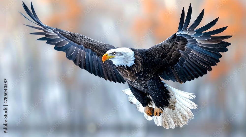Bald eagle flying in front of the American flag Bald eagle flying in front of the American flag