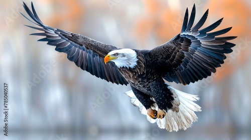 Bald eagle flying in front of the American flag