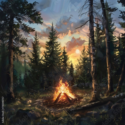sunset in forest