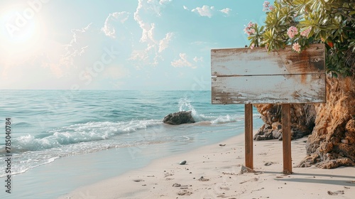 Empty white copy space old wooden sign on tropical beach abstract bacakground. Summer vacation and nature concept. photo