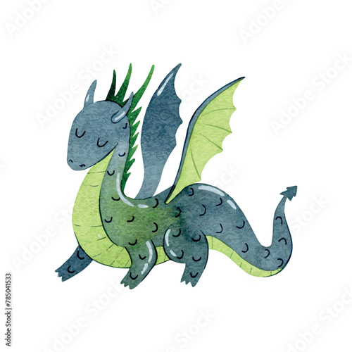 Cute cartoon dragon. Vector watercolor hand drawn illustration.