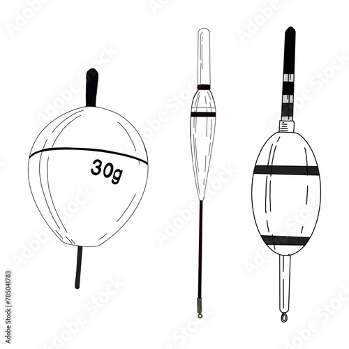 Fishing float bobber cork vector illustration tackle set. Bait minnow line drawing. Silhouette outline. Fisher angler tool. Sharp triple catch sport equipment