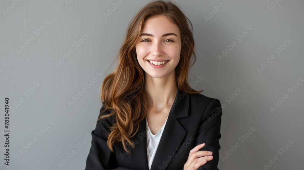 Happy young business woman posing isolated over grey wall background. Happy young business woman posing isolated over grey wall background.