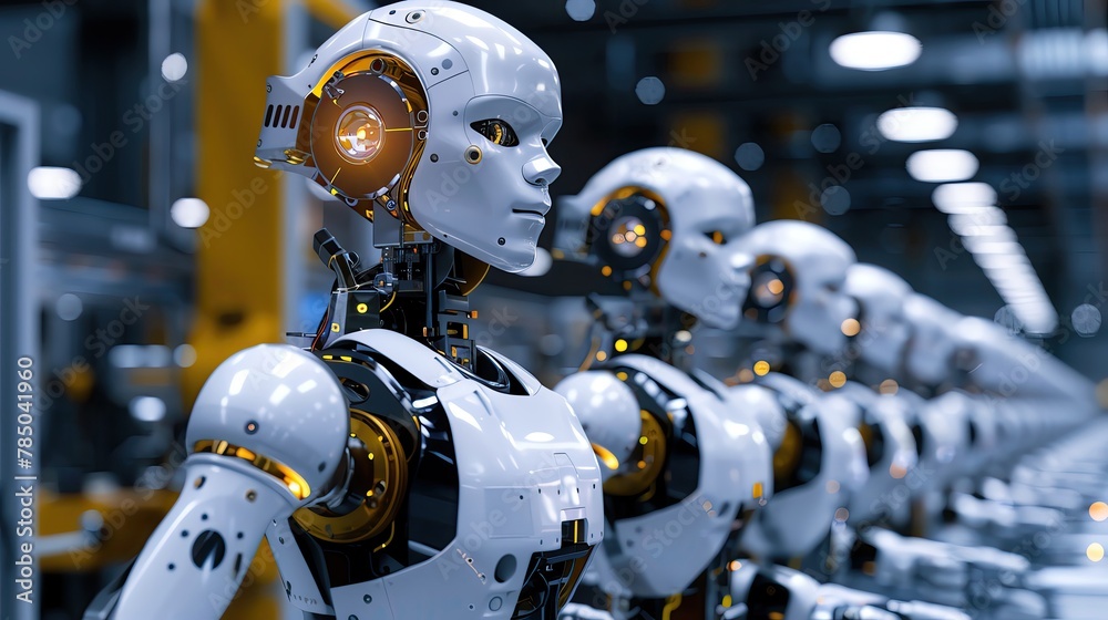 Fototapeta premium Collaborative robot workers in an assembly line, industrial setting, vibrant mechanical movements, sharp focus