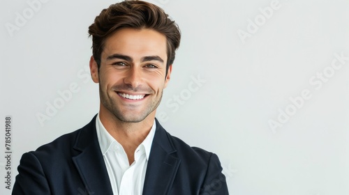 Portrait of handsome caucasian man in formal suit looking at camera smiling with toothy smile isolated in white background. Confident businessman ceo boss freelancer manager photo