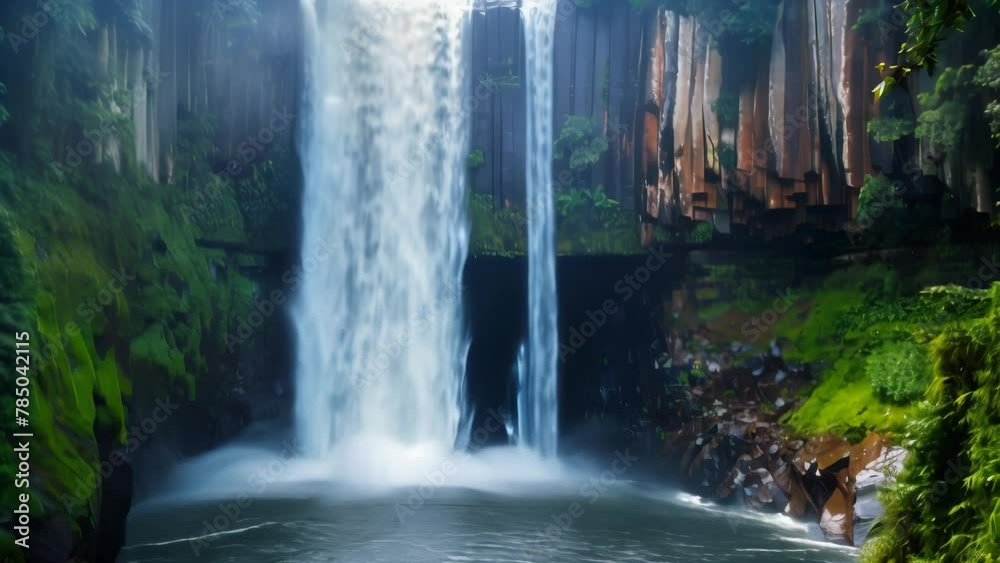 Deep in a tropical rainforest, a majestic waterfall cascades down rock ...