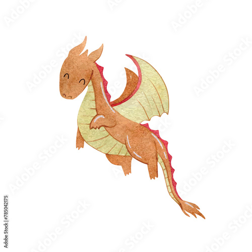 Cute cartoon dragon. Vector watercolor hand drawn illustration.