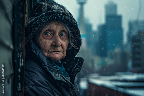 .A destitute elderly woman huddles in a doorway for shelter from the biting cold, her hollow eyes reflecting the harsh realities of life on the streets
