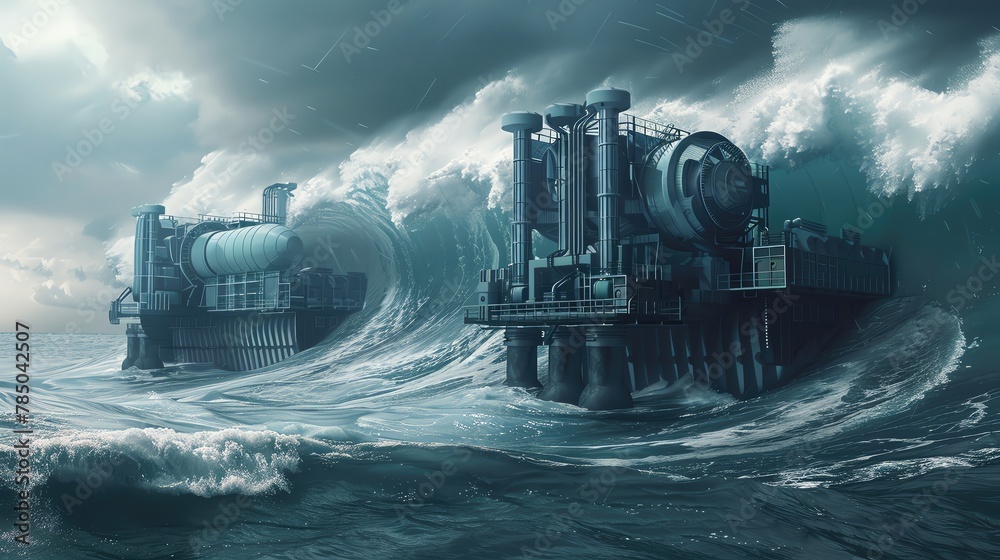 Ocean wave energy converters at sea, stormy backdrop, dynamic angle ...