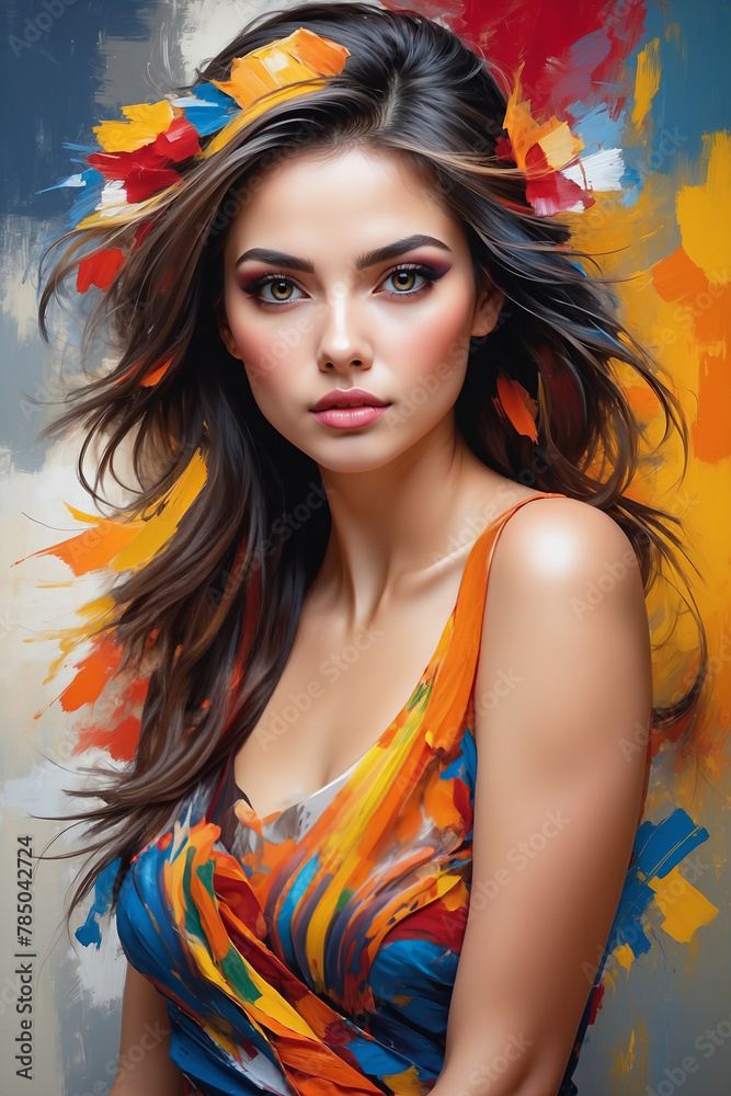 Beautiful woman in a digital painting portrait. Brush strokes create a colorful background with a fantasy art style and cinematic lighting.