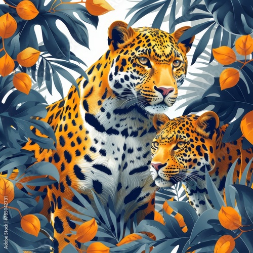 Leopards and tropical plants on a white background in a digital drawing pattern