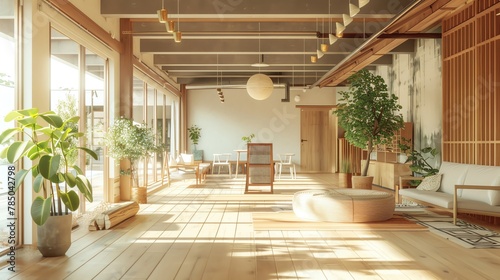 Mindful coworking space with zen decor, natural light, wide angle, calming pastels and wood tones