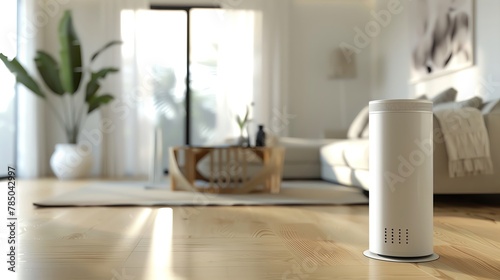 Indoor air quality device in use, minimalistic living room, neutral colors, clear focus, peaceful vibe