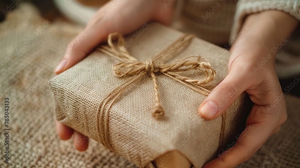 Hands packaging a gift in ecofriendly material, closeup, soft focus, warm beige tones Hands packaging a gift in ecofriendly material, closeup, soft focus, warm beige tones