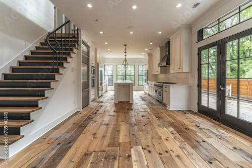 A rustic and warm flooring design featuring aged reclaimed wood in the kitchen leading to an open layout with white walls and black staircase. Created with Ai