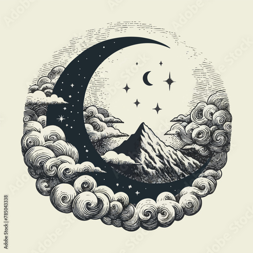 moon sketch old engraving vector illustration. hand drawn vintage moon old engraving vector illustration