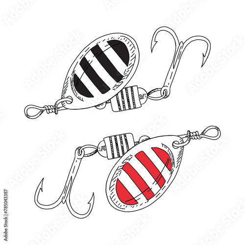 Fishing hook wobbler vector illustration tackle set. Metal fly gudgeon spinner lure feeding. Bait minnow line drawing. Ink silhouette. Spoon angler tool black outline 
