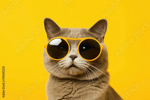 An endearing cat in sunglasses and the latest cat fashion, standing out against a sunny yellow background, bringing joy with its adorable presence. © Shani