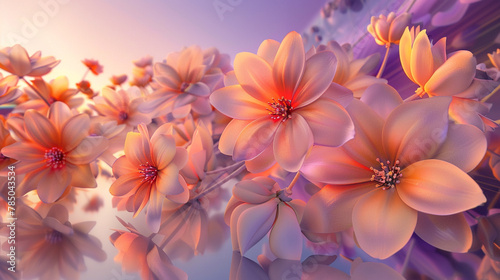 Soft peach to vivid tangerine 3D blooms evoke twilight s serene beauty.