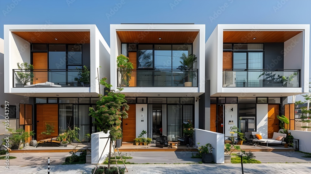 Modern Urban Townhouses with Sleek Design and Greenery. Concept Real Estate, Urban Design, Green Living, Townhouses, Modern Architecture