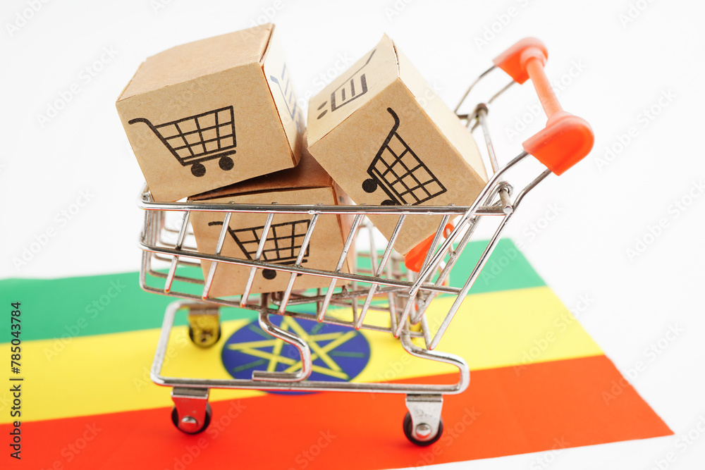 Online shopping, Shopping cart box on Ethiopia flag, import export, finance commerce.