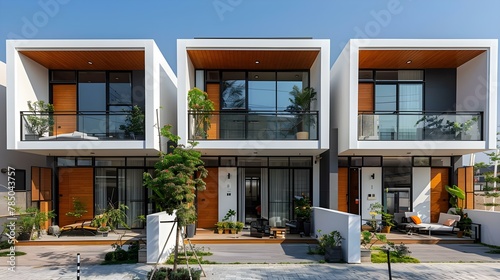 Modern Urban Townhouses with Sleek Design and Greenery. Concept Real Estate, Urban Design, Green Living, Townhouses, Modern Architecture photo