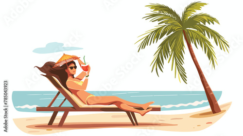 Woman in swimsuit sunbathing lying on lounger at sea