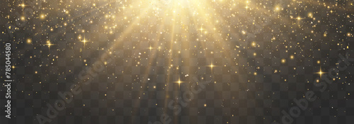 Vector flying particles of light. Magical light dust, dusty shine. Christmas light effect. Sparkling particles of fairy dust glow in transparent background. Vector illustration on png