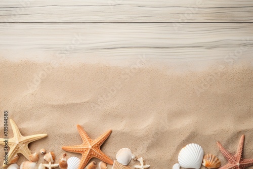 Beach sand and coral wooden background with copy space for summer vacation concept, text on the right side