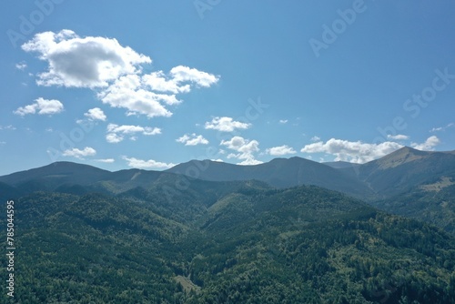 Beautiful mountain landscape with green trees under blue sky on sunny day. Drone photography