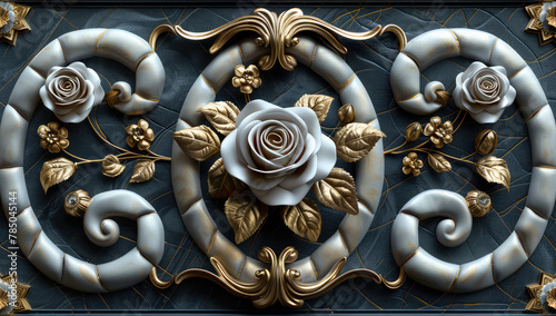 3d wallpaper stretch ceiling decoration, black leather texture with gold border and roses in the middle of an oval frame. decorative relief wall painting. Created with Ai