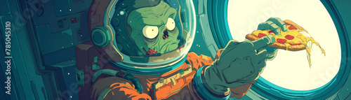 Zombie in a spacesuit accidentally squishing a pizza against the spaceship window, comedic angle,  2d Illustrator photo