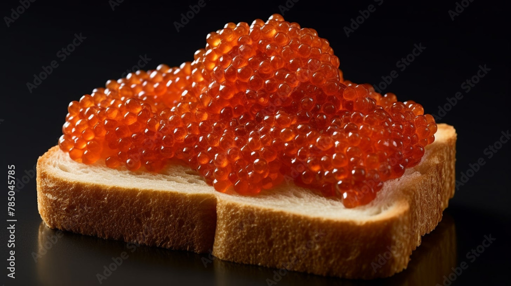 Beautiful red caviar and smocked salmon sandwich isolated on a dark background. Bread toasted canapes. Generative AI Beautiful red caviar and smocked salmon sandwich isolated on a dark background. Bread toasted canapes. Generative AI