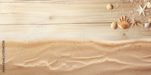 Beach sand and gold wooden background with copy space for summer vacation concept, text on the right side
