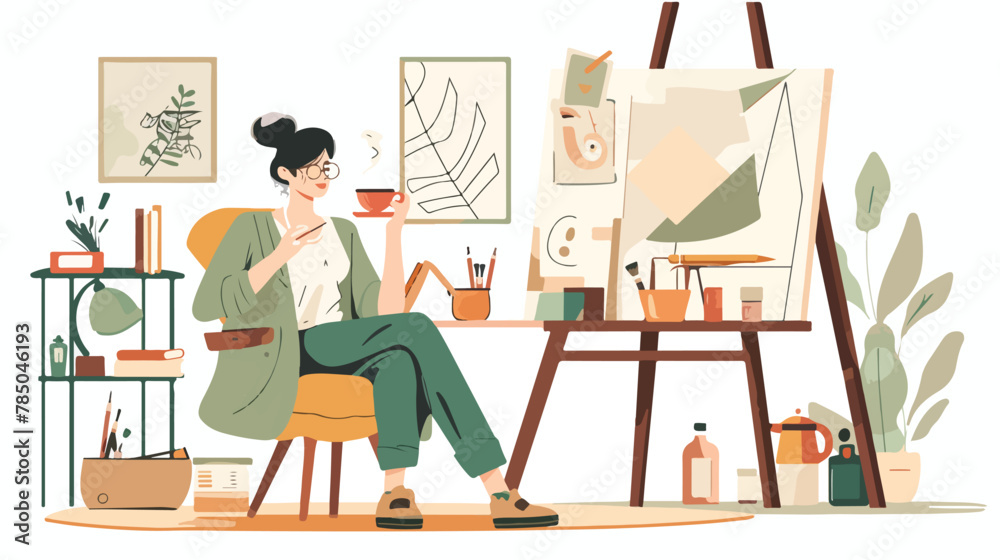 Art painter artist woman drinking tea and relaxing