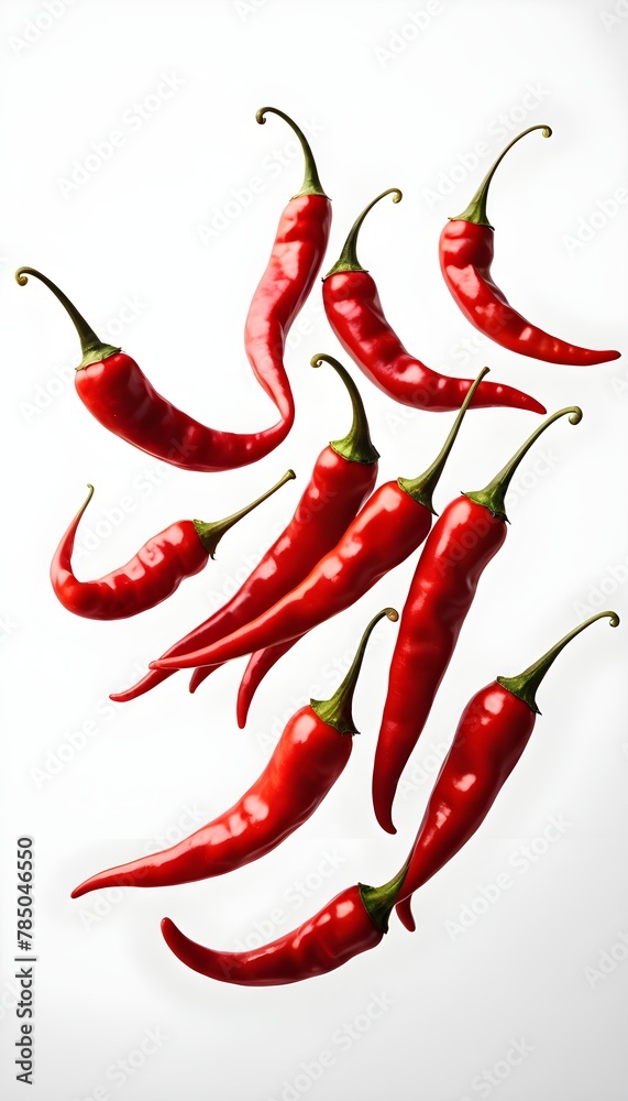 Falling red hot chili peppers isolated on white background, clipping path Falling red hot chili peppers isolated on white background, clipping path