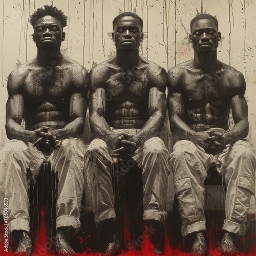 Black and white photo of three muscular African-American men with no shirts, white pants, and red paint on their feet.