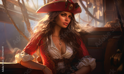 Beautiful pirate woman with wooden ship in the background, panoramic view, generated ai 