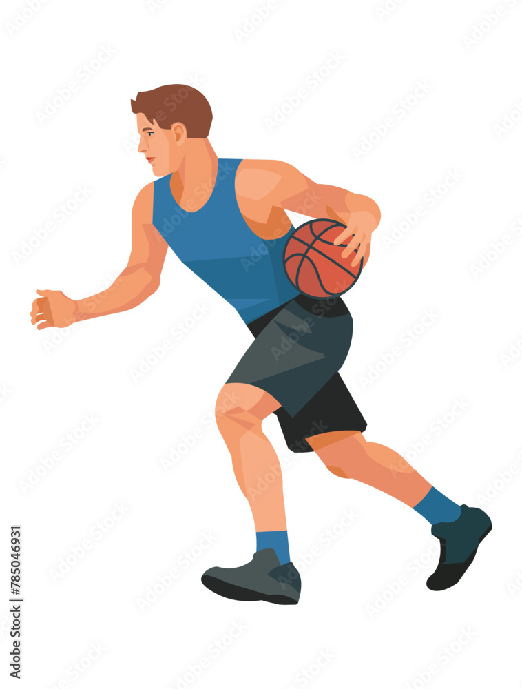 Figure of a basketball player in a blue jersey in profile who runs and holds the ball in one hand