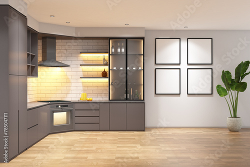 3d rendering interior of kitchen L shape with picture frame mockup. Wood parquet floor and light wood cabinet with flat ceiling. Set 9