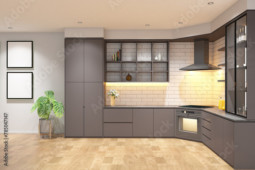 3d rendering interior of kitchen L shape with picture frame mockup. Wood parquet floor and light wood cabinet with flat ceiling. Set 1 0