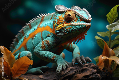 A majestic chameleon  its body adorned in gradients of turquoise and gold  contrasted against a smooth yellow backdrop. 