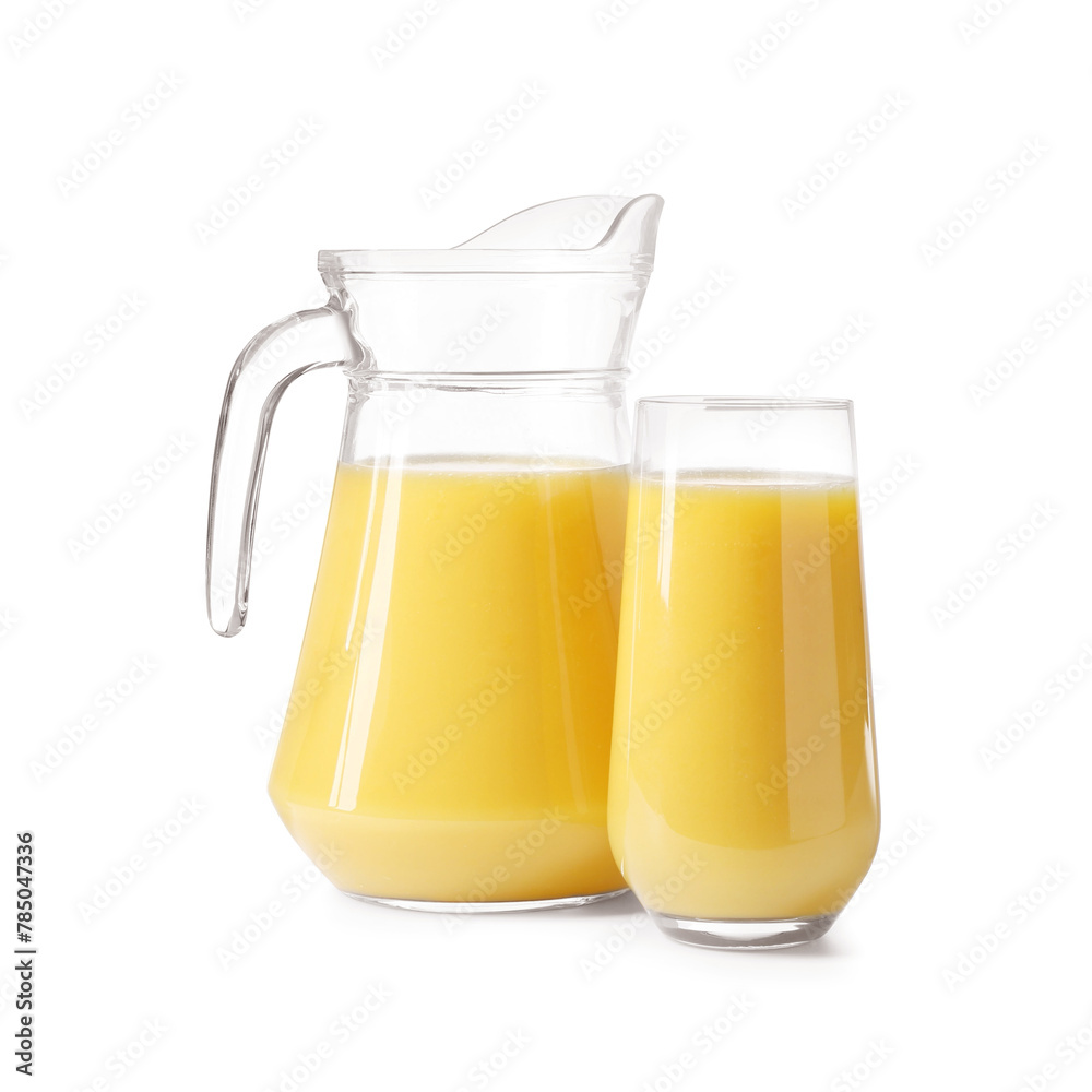 Refreshing orange juice in glass and jug isolated on white Refreshing orange juice in glass and jug isolated on white