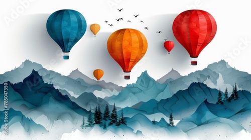 Three hot air balloons floating over a mountain landscape. The sky is white and the mountains are blue. The balloons are red, orange, and blue. photo